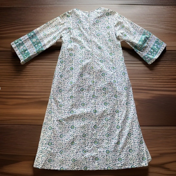 VTG RAMONA RULL Women's M White Blue Floral Cotton Kaftan Duster Dress w Pockets - Picture 7 of 12